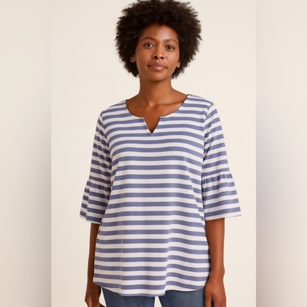 Ruby Rd. Blue White Striped Bell Sleeve Top 1X EUC #1503